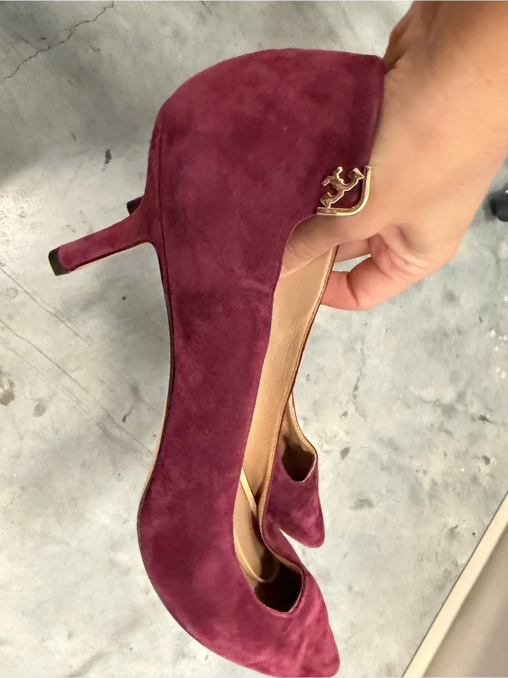 Tory Burch Wine Suede Pointed-Toe Pumps with Gold Accent